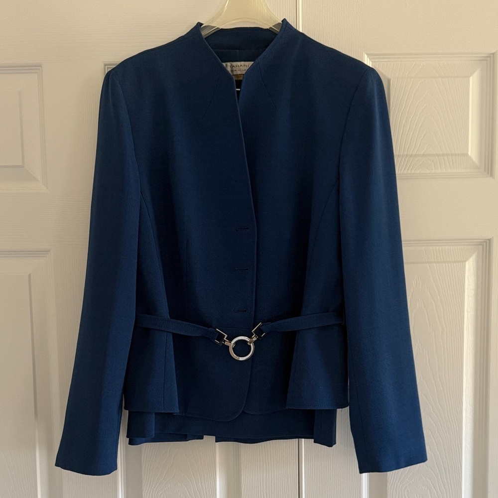 Tahari Navy Belted Collarless Blazer with Ring Detail